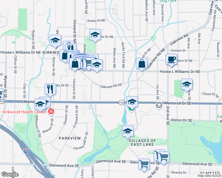 map of restaurants, bars, coffee shops, grocery stores, and more near 2125 Oakview Road Southeast in Atlanta