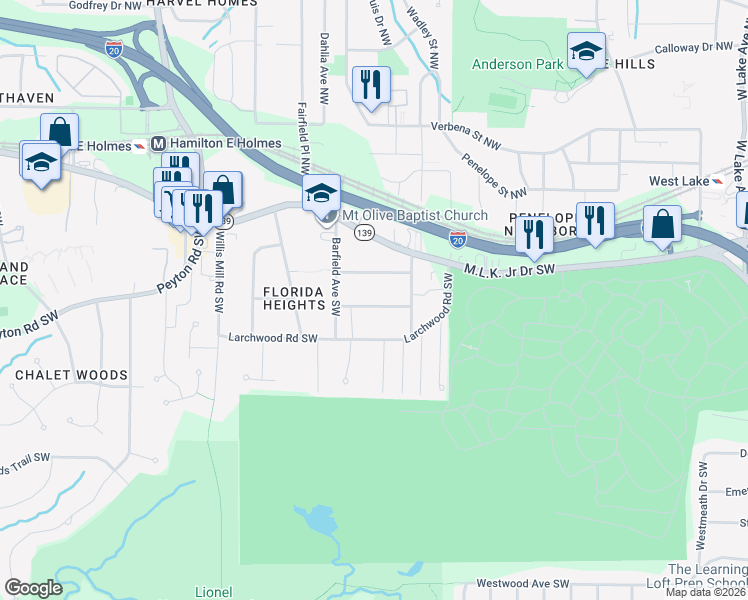map of restaurants, bars, coffee shops, grocery stores, and more near 2210 Wingate Street Southwest in Atlanta
