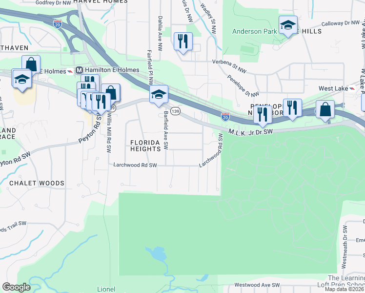 map of restaurants, bars, coffee shops, grocery stores, and more near 2210 Wingate Street Southwest in Atlanta