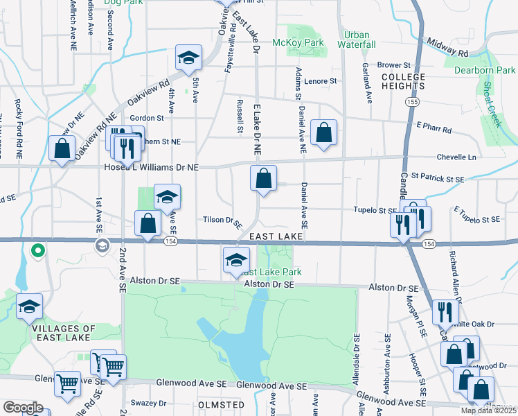 map of restaurants, bars, coffee shops, grocery stores, and more near 2593 Tupelo Street Southeast in Atlanta