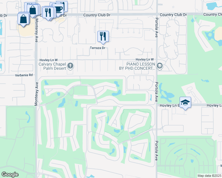 map of restaurants, bars, coffee shops, grocery stores, and more near 347 Villena Way in Palm Desert