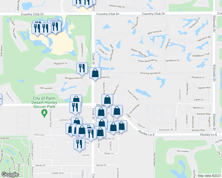 map of restaurants, bars, coffee shops, grocery stores, and more near 87 Beekman Place in Palm Desert