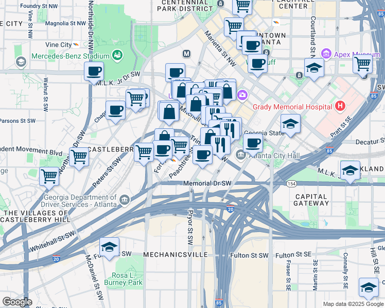 map of restaurants, bars, coffee shops, grocery stores, and more near 200 Peachtree Street in Atlanta