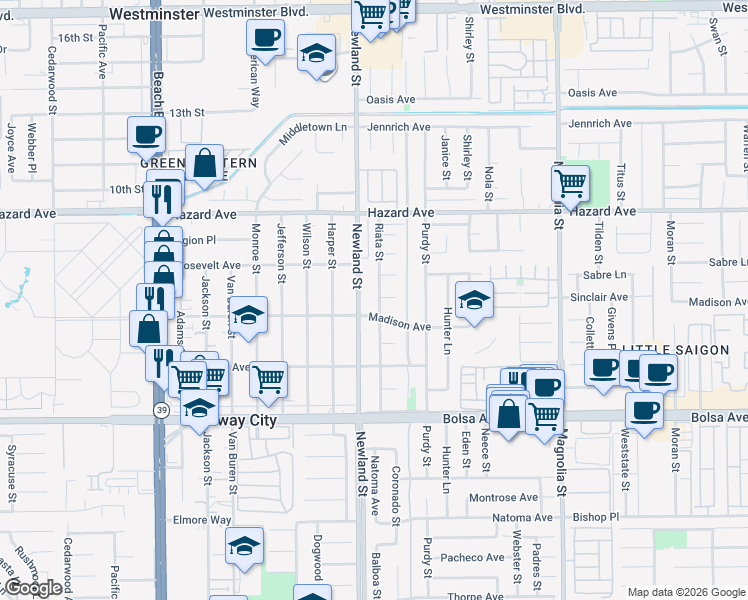 map of restaurants, bars, coffee shops, grocery stores, and more near 14711 Riata Street in Midway City