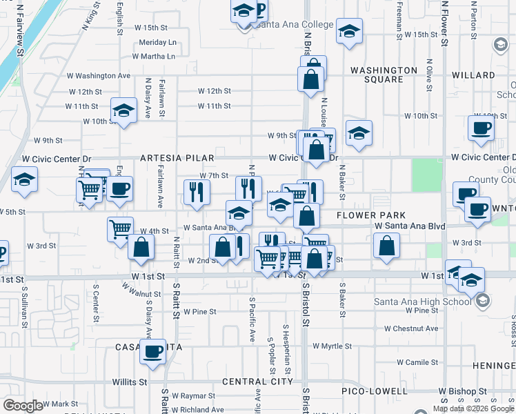 map of restaurants, bars, coffee shops, grocery stores, and more near 1425 West 5th Street in Santa Ana