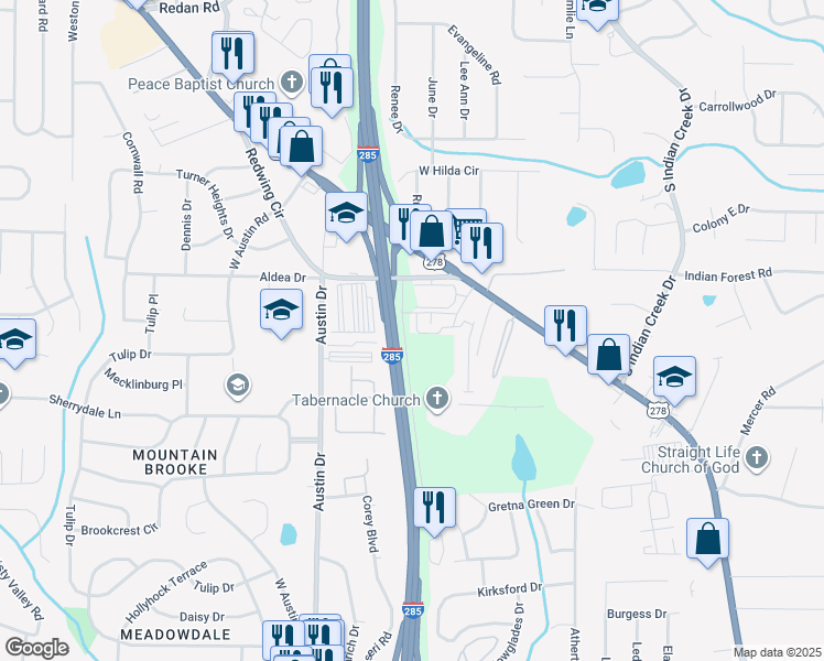map of restaurants, bars, coffee shops, grocery stores, and more near 3083 Calcutta Street in Decatur