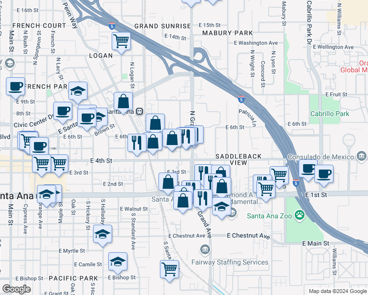 map of restaurants, bars, coffee shops, grocery stores, and more near 501 North Eastwood Avenue in Santa Ana