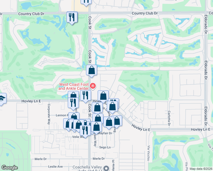 map of restaurants, bars, coffee shops, grocery stores, and more near 87 Beekman Place in Palm Desert