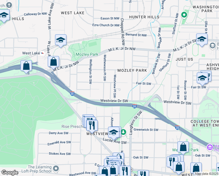 map of restaurants, bars, coffee shops, grocery stores, and more near 223 Altoona Place Southwest in Atlanta