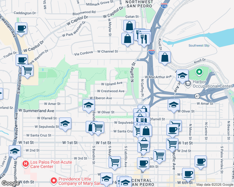 map of restaurants, bars, coffee shops, grocery stores, and more near 851 West Crestwood Avenue in Los Angeles