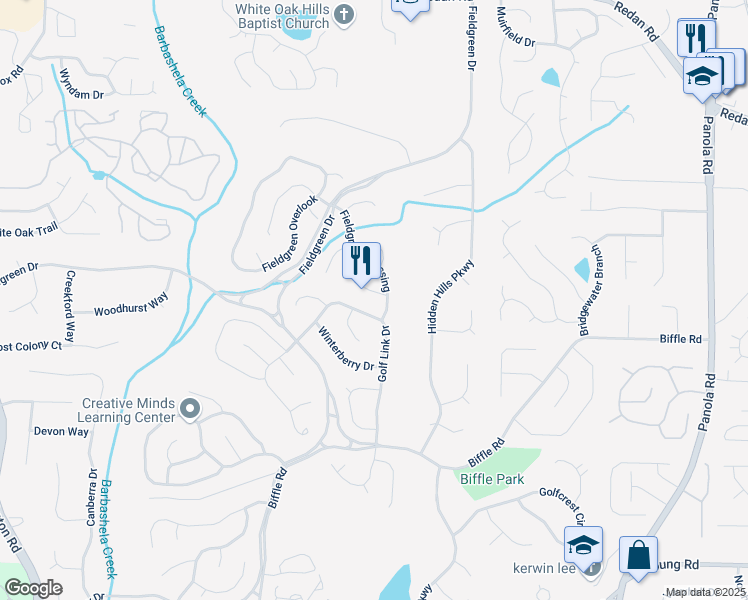 map of restaurants, bars, coffee shops, grocery stores, and more near 5141 Rocky Run in Stone Mountain