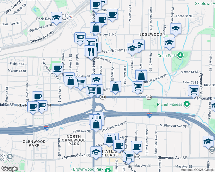 map of restaurants, bars, coffee shops, grocery stores, and more near 1249 Arkwright Place Southeast in Atlanta