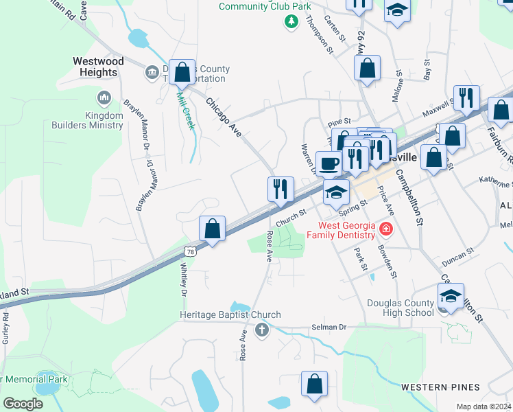 map of restaurants, bars, coffee shops, grocery stores, and more near 6923 West Strickland Street in Douglasville
