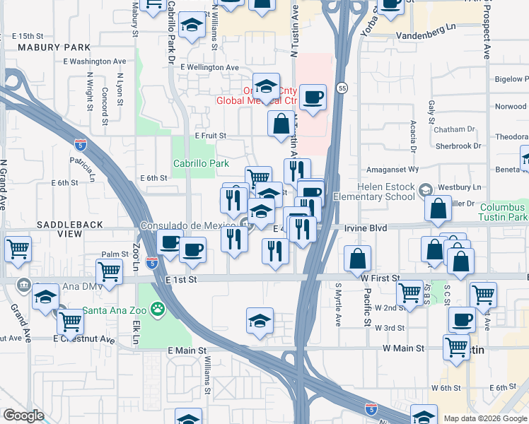 map of restaurants, bars, coffee shops, grocery stores, and more near 2211 East 4th Street in Santa Ana