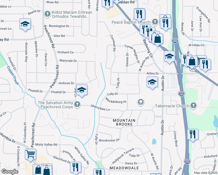 map of restaurants, bars, coffee shops, grocery stores, and more near 3287 Tulip Drive in Decatur