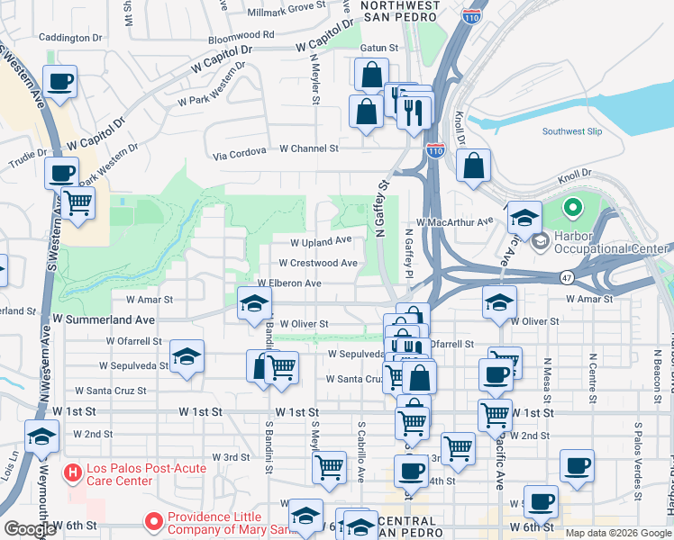 map of restaurants, bars, coffee shops, grocery stores, and more near 851 West Crestwood Avenue in Los Angeles