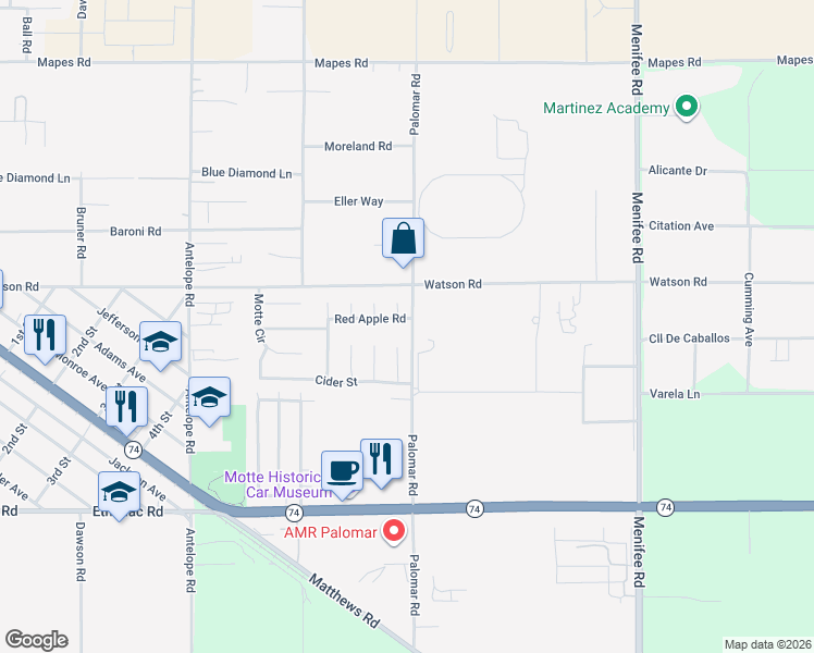 map of restaurants, bars, coffee shops, grocery stores, and more near 25584 Gala Circle in Menifee