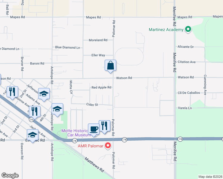 map of restaurants, bars, coffee shops, grocery stores, and more near 28455 Red Apple Road in Romoland