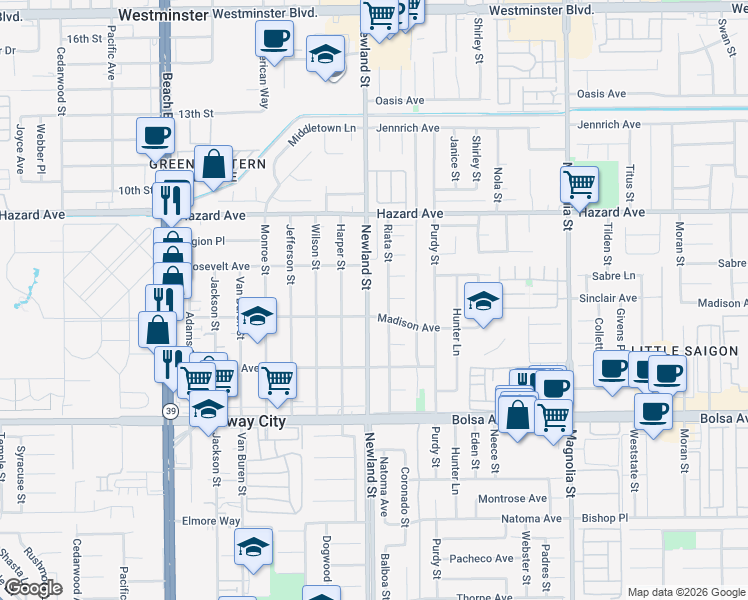 map of restaurants, bars, coffee shops, grocery stores, and more near 14712 Newland Street in Midway City