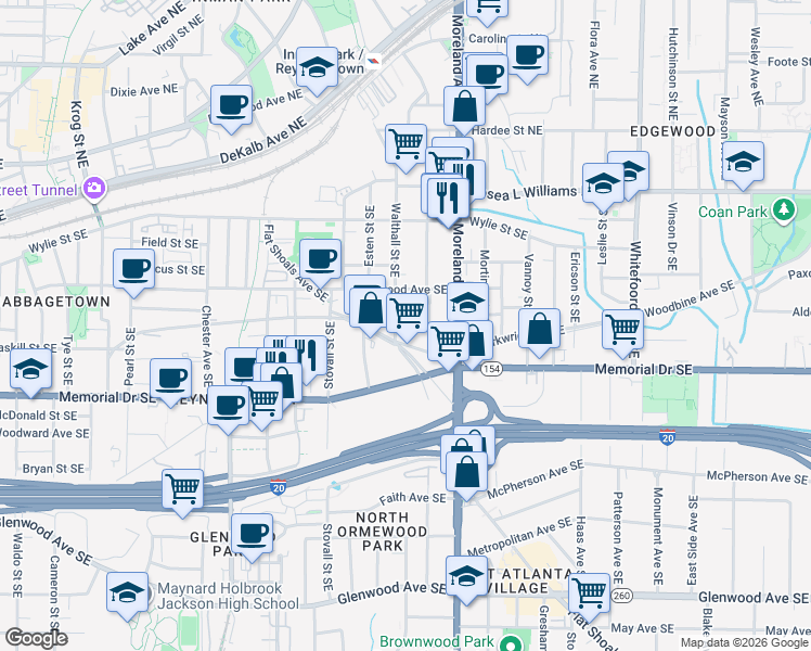 map of restaurants, bars, coffee shops, grocery stores, and more near 187 Cleveland Street Southeast in Atlanta