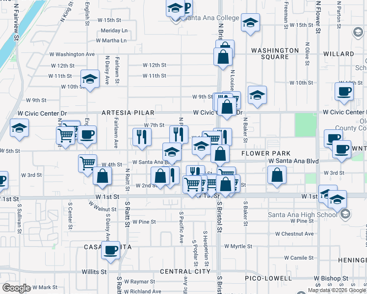 map of restaurants, bars, coffee shops, grocery stores, and more near 1425 West 5th Street in Santa Ana