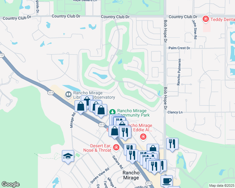 map of restaurants, bars, coffee shops, grocery stores, and more near 75 Majorca Drive in Rancho Mirage