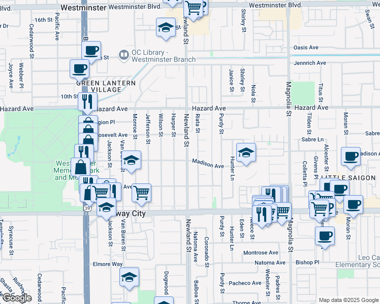 map of restaurants, bars, coffee shops, grocery stores, and more near 14712 Newland Street in Midway City