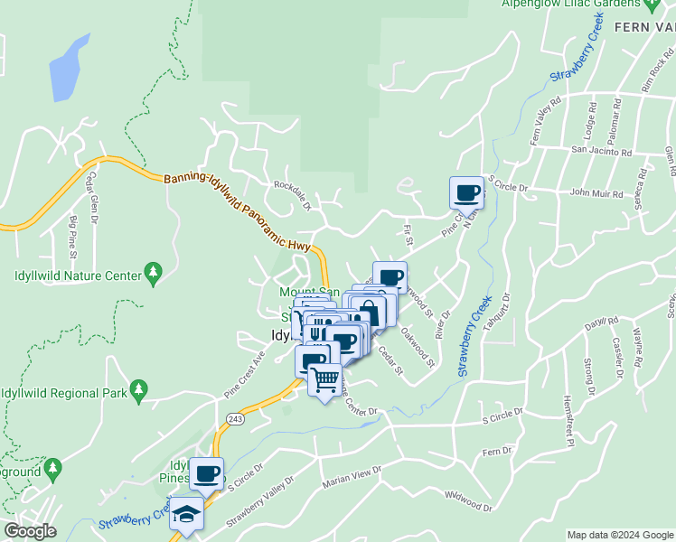 map of restaurants, bars, coffee shops, grocery stores, and more near 25860 Banning-Idyllwild Panoramic Highway in Idyllwild-Pine Cove