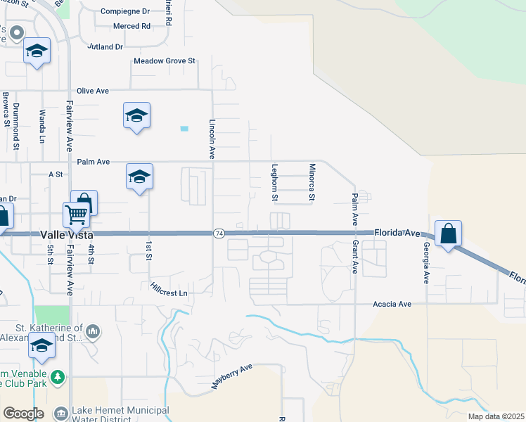 map of restaurants, bars, coffee shops, grocery stores, and more near 44682 California 74 in Hemet
