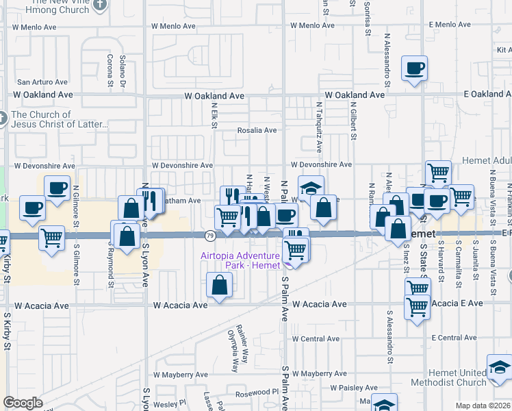 map of restaurants, bars, coffee shops, grocery stores, and more near 133 North Western Avenue in Hemet