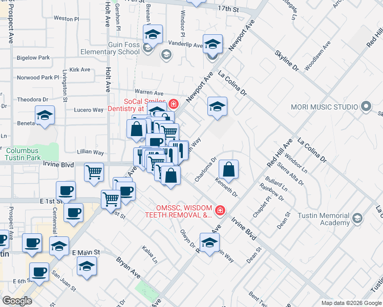 map of restaurants, bars, coffee shops, grocery stores, and more near in Tustin