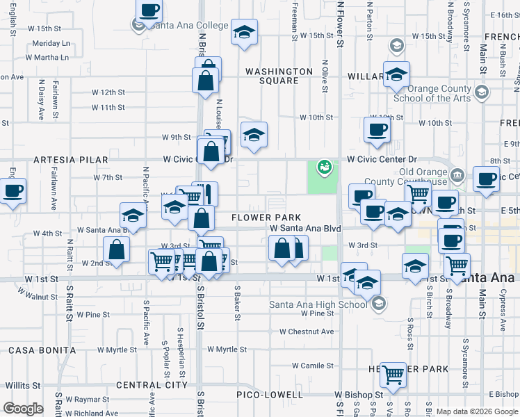 map of restaurants, bars, coffee shops, grocery stores, and more near 1105 West 5th Street in Santa Ana