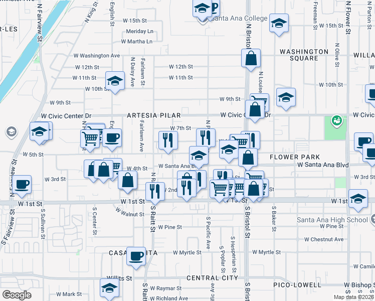 map of restaurants, bars, coffee shops, grocery stores, and more near 1524 West 5th Street in Santa Ana