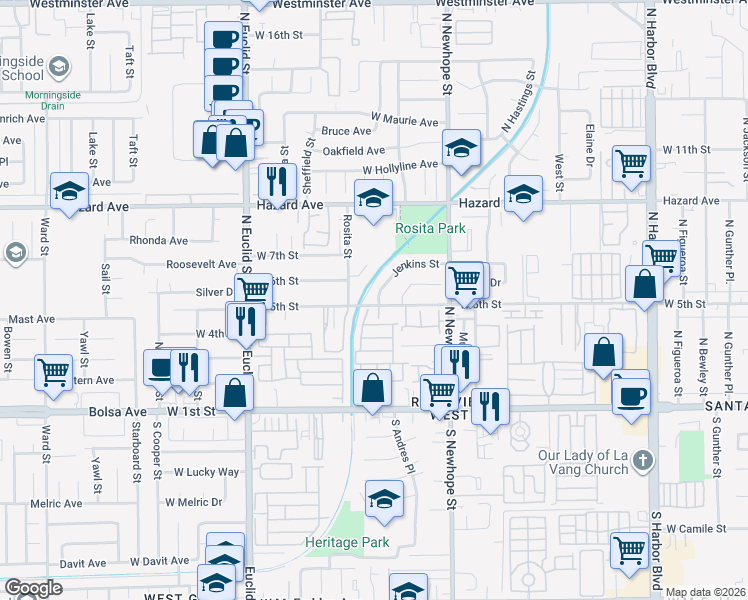 map of restaurants, bars, coffee shops, grocery stores, and more near 4706 West 5th Street in Santa Ana