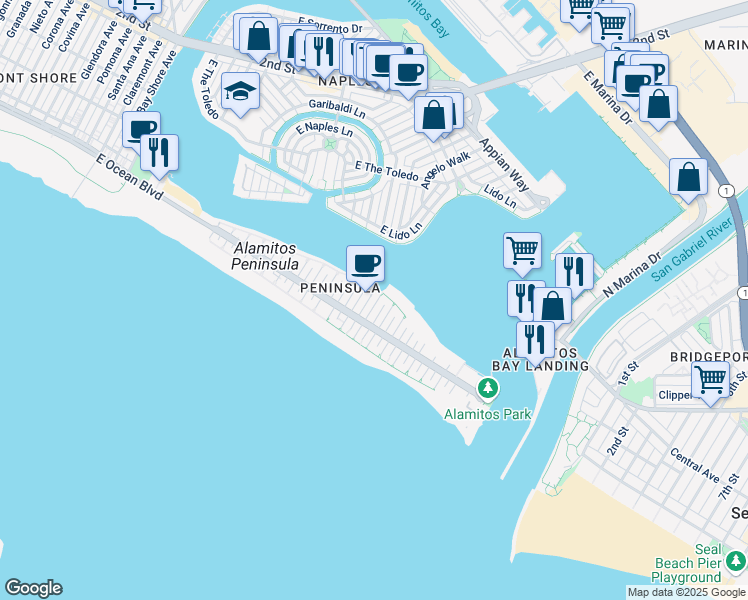 map of restaurants, bars, coffee shops, grocery stores, and more near 53 63rd Place in Long Beach