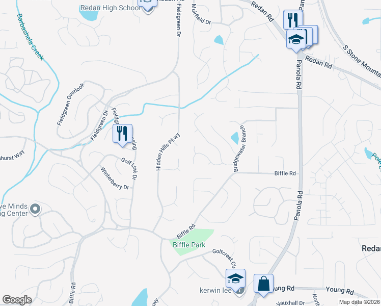 map of restaurants, bars, coffee shops, grocery stores, and more near 1571 Kennons Hill Drive in Stone Mountain