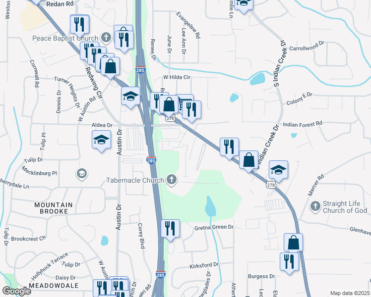 map of restaurants, bars, coffee shops, grocery stores, and more near 1520 Vernon Boulevard in Decatur