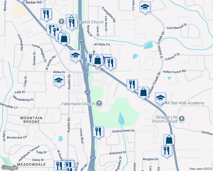 map of restaurants, bars, coffee shops, grocery stores, and more near 1520 Vernon Boulevard in Decatur