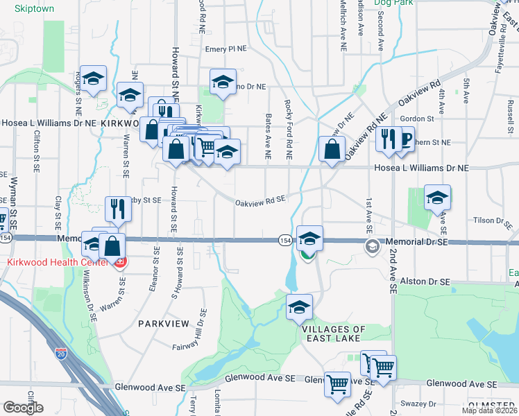map of restaurants, bars, coffee shops, grocery stores, and more near 2125 Oakview Road Southeast in Atlanta
