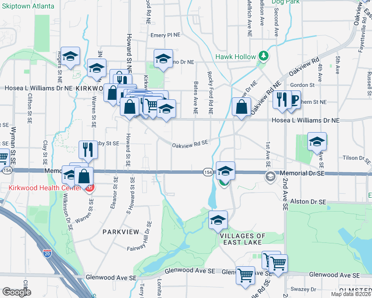 map of restaurants, bars, coffee shops, grocery stores, and more near 2125 Oakview Road Southeast in Atlanta
