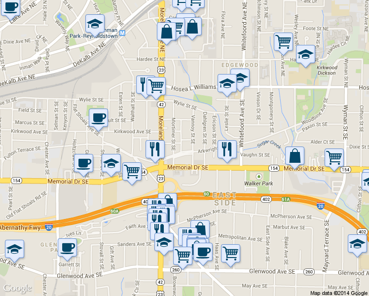 map of restaurants, bars, coffee shops, grocery stores, and more near 1249 Arkwright Place Southeast in Atlanta