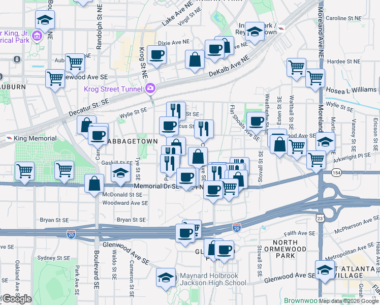 map of restaurants, bars, coffee shops, grocery stores, and more near 824 Fulton Terrace Southeast in Atlanta