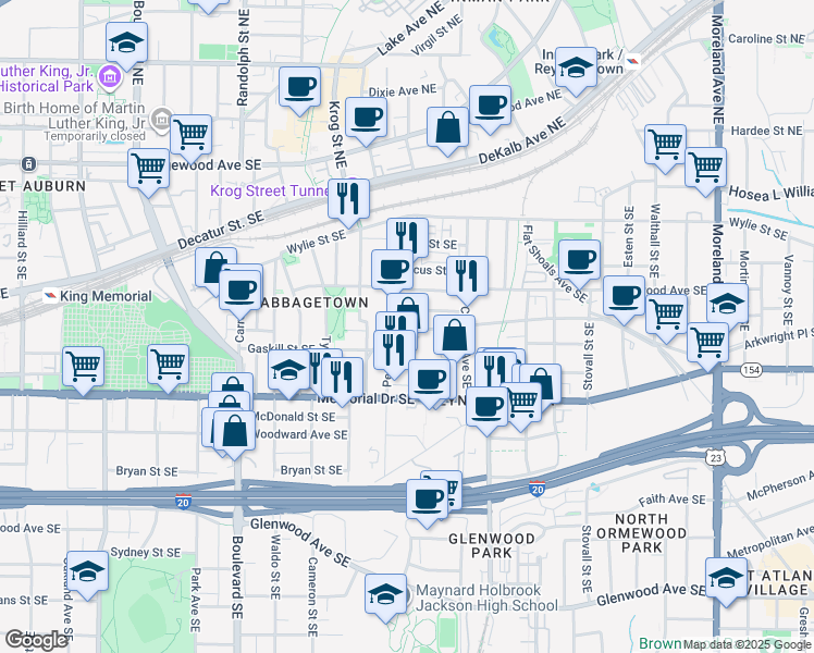 map of restaurants, bars, coffee shops, grocery stores, and more near 220 Pearl Street Southeast in Atlanta
