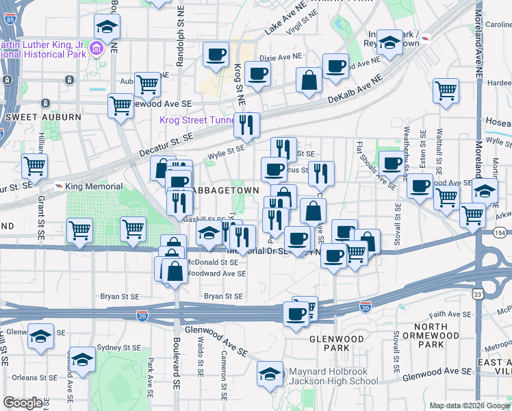 map of restaurants, bars, coffee shops, grocery stores, and more near 218 Estoria Street Southeast in Atlanta