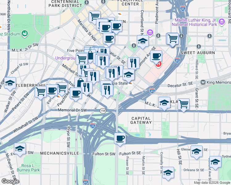 map of restaurants, bars, coffee shops, grocery stores, and more near 40 Capitol Square Southwest in Atlanta