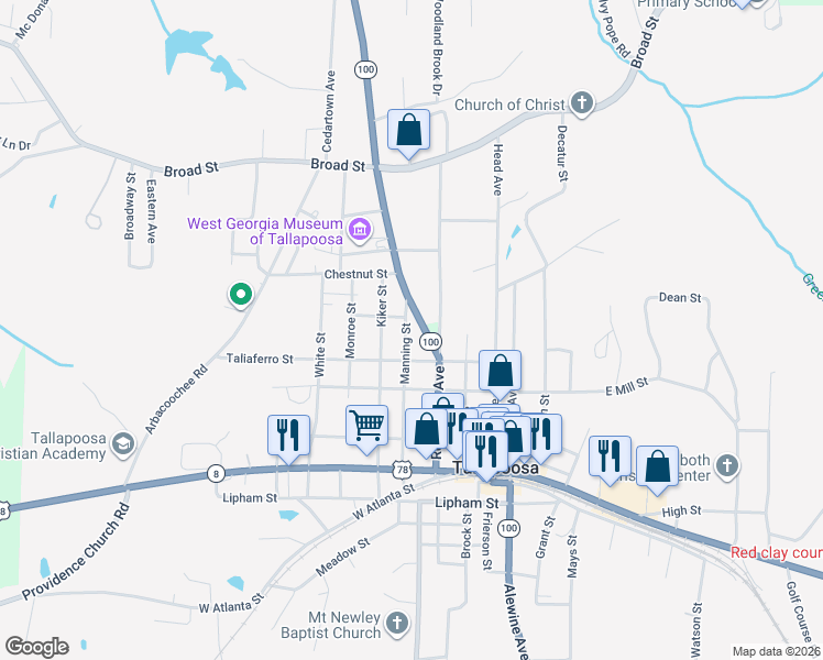 map of restaurants, bars, coffee shops, grocery stores, and more near 250 Manning Street in Tallapoosa