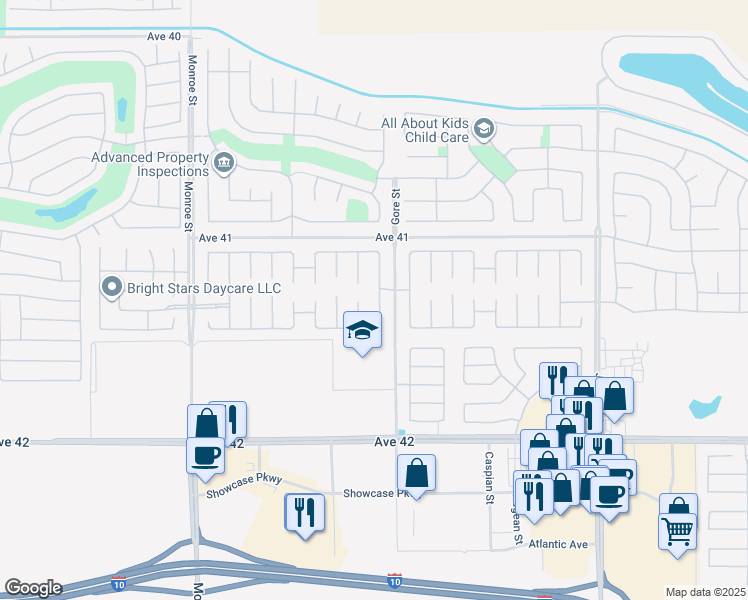 map of restaurants, bars, coffee shops, grocery stores, and more near 41394 Hanover Street in Indio