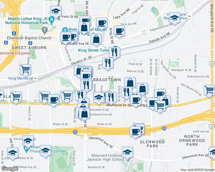 map of restaurants, bars, coffee shops, grocery stores, and more near 201 Tye Street Southeast in Atlanta