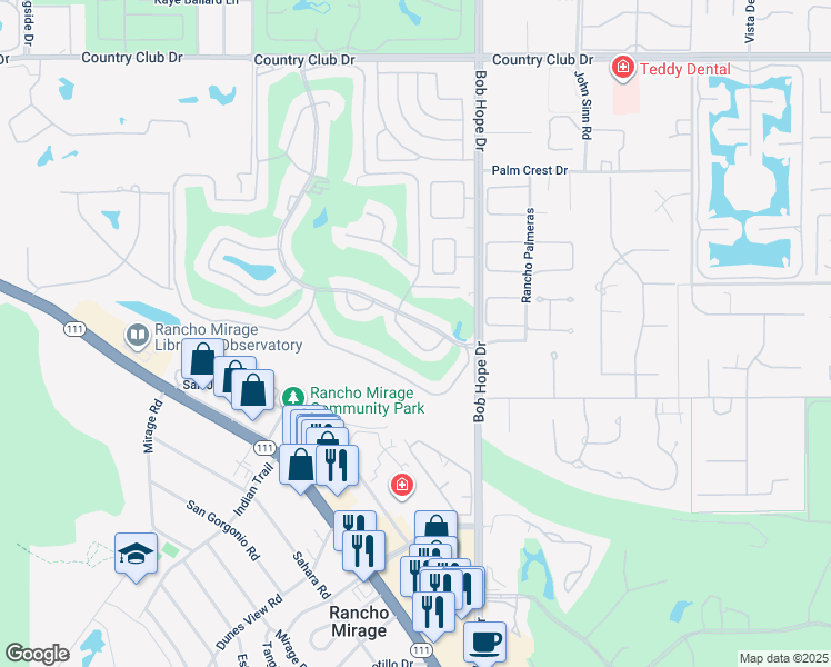 map of restaurants, bars, coffee shops, grocery stores, and more near 38 Malaga Drive in Rancho Mirage