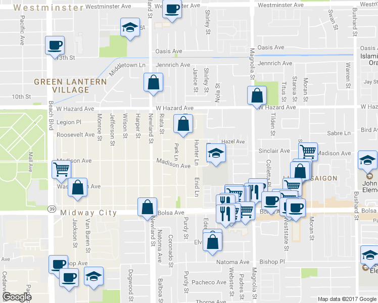 map of restaurants, bars, coffee shops, grocery stores, and more near 14702 Purdy Street in Midway City
